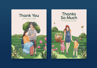 Thank you card template with park and family concept design watercolor illustration