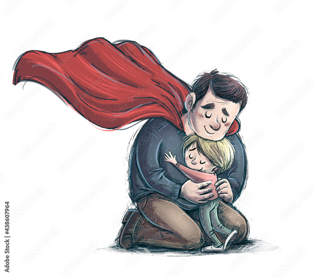 Illustration of superhero father hugging his son - obrazy, fototapety, plakaty 