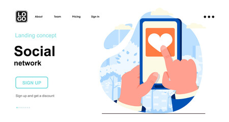 Fototapete - Social network web concept. User presses heart button and puts like posts on smartphone screen. Template of people scene. Vector illustration with character activities in flat design for website