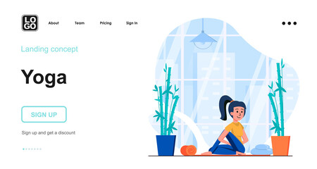Poster - Yoga web concept. Woman practicing asanas, doing fitness in gym. Sports training of stretching. Template of people scene. Vector illustration with character activities in flat design for website