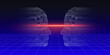 Two abstract transparent heads against the cyberpunk neon grid, retro internet communication and telepathy concept