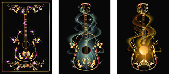 Wall Mural - Set of golden guitar designs on dark background with wavy smoke and glowing stars for invitation card, poster or booklet.