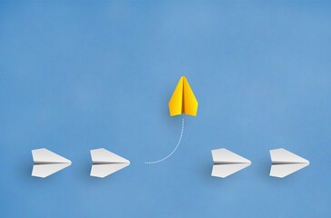 Individuality concept. Individual and unique leader yellow paper plane flies to the side