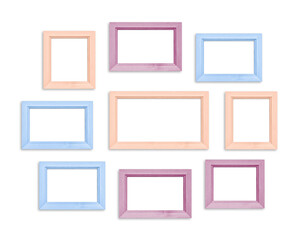 Colorful photo frames collection, nine blank frameworks set isolated on white wall