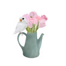 Adorable Hand-drawn Illustration Of White Lovebird Sitting On A Blue Jug With Pink Tulips On White Background 