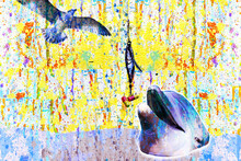Colorful Artistic Fishing Rod With Bait And Tablets Hanging Near Dolphin In Sea And Seagull Flying On Background With Bright Paint Splatters On Dark Background.