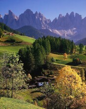Italy, South Tyrol, Dolomites, Villnößtal, Near St. Magdalena, Geislerspitzen, Outside, Autumn, Landscape, Autumnal, Mountains, Mountain Peaks, Nature, 