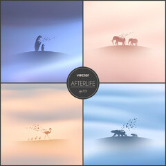 Poster - endangered animals family. elephant, bear, flamingo in fog. afterlife