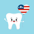 4 th of July tooth dental icon isolated. Dentist cute tooth character with american flag balloon in hand. Flat cartoon vector usa independence clip art illustration.