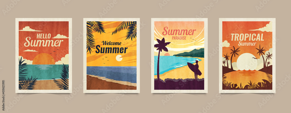 Summer tropical cards. Vacation posters in retro style. Backgrounds with summer tropical leaves, landscapes, sunsets and nature graphics - obrazy, fototapety, plakaty 