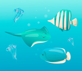 Vector illustration underwater world. Inhabitants of the sea or ocean swimming in blue water. Cartoon poisonous jellyfish, striped fish and stingray. Childish background for wallpaper or print.