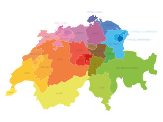  Colorful political map of Switzerland. Administrative divisions - cantons. Simple flat vector map with labels.