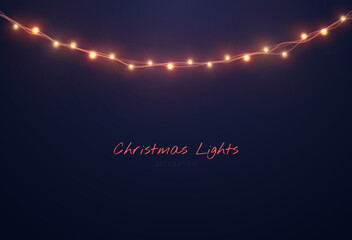 Poster - Christmas lights isolated on black background. Bright Xmas garland. Vector glow light bulbs on wire strings.