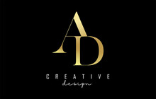 Golden AD A D Letter Design Logo Logotype Concept With Serif Font And Elegant Style. Vector Illustration Icon With Letters A And D.