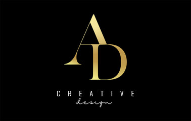 Golden AD a d letter design logo logotype concept with serif font and elegant style. Vector illustration icon with letters A and D.