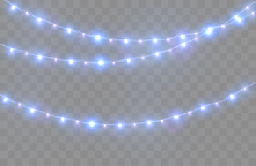 Poster - Christmas lights isolated on transparent background. Bright Xmas garland. Vector glow light bulbs on wire strings.