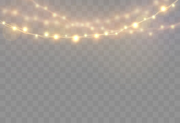 Poster - Christmas lights isolated on transparent background. Bright Xmas garland. Vector glow light bulbs on wire strings.