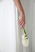 A Girl In A White Dress Holds A White Flower Geocynth In Her Hand