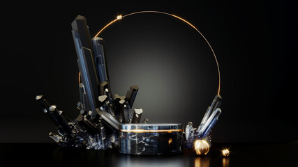 Fototapete - 3D rendering gold podium geometry with crystals. Abstract black geometric shape blank platform. Empty showcase pedestal product display for cosmetic presentation. Minimal composition with round scene.