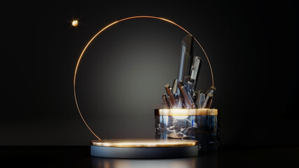 Fototapete - 3D rendering gold podium geometry with crystals. Abstract black geometric shape blank platform. Empty showcase pedestal product display for cosmetic presentation. Minimal composition with round scene.