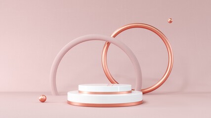 Fototapete - 3D rendering gold podium geometry with crystals. Abstract Pastel pink geometric shape blank platform. Empty showcase pedestal product display for cosmetic presentation. Composition with round scene.