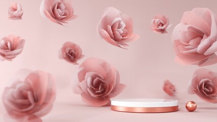 Fototapete - 3D rendering gold podium geometry with crystals. Abstract Pastel pink geometric shape blank platform. Empty showcase pedestal product display for cosmetic presentation. Composition with round scene.