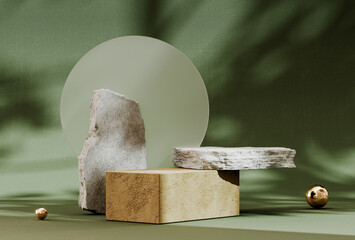 Fototapete - 3D rendering gold stone podium geometry. Abstract pastel geometric shape blank platform. Empty showcase pedestal product display for cosmetic presentation. Minimal composition with round scene.