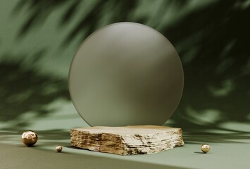 Fototapete - 3D rendering gold stone podium geometry. Abstract pastel geometric shape blank platform. Empty showcase pedestal product display for cosmetic presentation. Minimal composition with round scene.