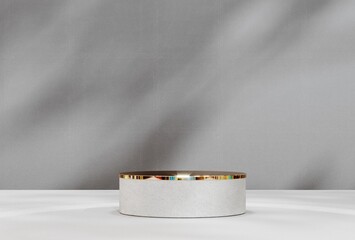 Fototapete - 3D rendering gold podium geometry. Abstract pastel geometric shape blank platform. Empty showcase pedestal product display for cosmetic presentation. Minimal composition with round scene.