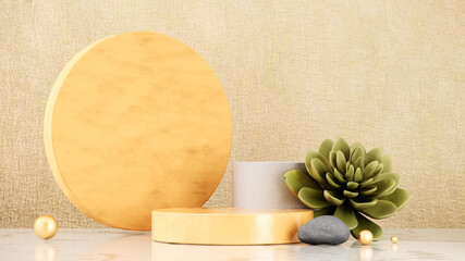 Fototapete - 3D rendering of stone podium geometry. Abstract pastel geometric shape blank platform. Empty showcase pedestal product display for cosmetic presentation. Minimal composition with round scene.