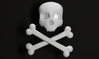 White skull and bones on a black background. Pirates symbol. Front view. 3d rendering