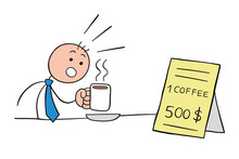 Stickman Businessman Character Drinks Coffee And Is Shocked To See The Expensive Price Of The Coffee, Vector Cartoon Illustration