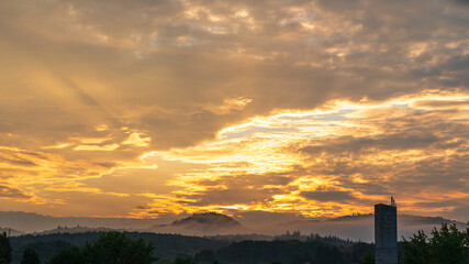 Sticker - A colourful sunrise on a foggy morning in Bad Rotenfels in the northern Black Forest