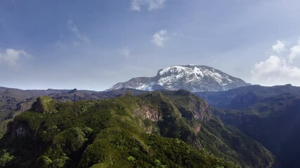 4k drone footage capturing mount kilimanjaro and its surrounding valleys and forests. nature, enviro