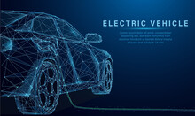 Low Poly Style Design Vector Of EV Car Or Electric Vehicle At Charging Station With The Power Cable Supply Plugged Eco-friendly Sustainable Energy Concept. Wireframe Light Connection Structure.