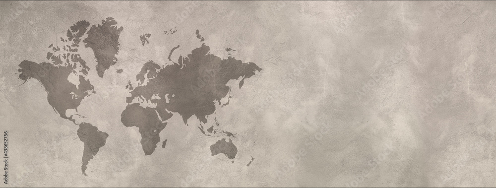 World map on concrete wall background. Horizontal banner - obrazy, fototapety, plakaty 