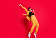 Full Size Profile Photo Of Funny Lady Dance Wear Eyewear Yellow Suit Isolated On Vivid Red Color Background