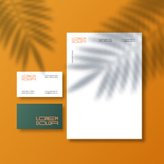 Business Cards and Letterhead Background with a Palm Leaves Shadow Overlay. Realistic Vector Stationary Mockup Scene with Natural Lighting on Top