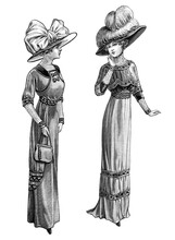 Women In Vintage Elegant Dress Hat Isolated. Antique Fashion Paris