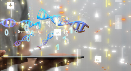 Poster - Doctor holding a 3d render DNA.