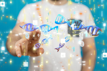 Poster - Doctor holding a 3d render DNA.