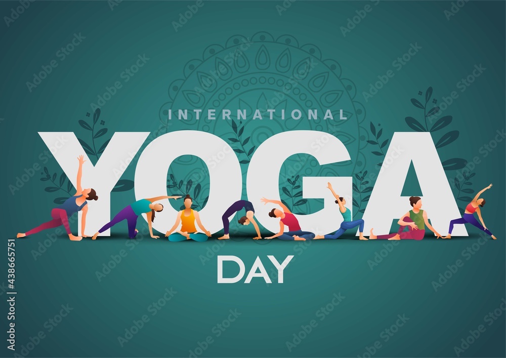 international yoga day. yoga body posture. group of Woman practicing yoga. vector illustration design - obrazy, fototapety, plakaty 