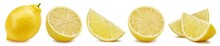 Lemon Fruit. Whole And Half Lemon Isolated On White Background Close-up.
