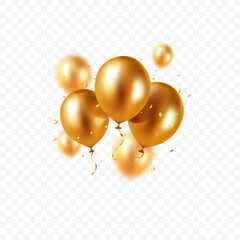 Realistic floating vector balloons isolated on transparent background. Design element gold colored balloons and glittering confetti for greeting card or party invitation.
