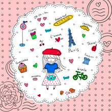 Set Of Elements With Symbols Of Paris. A Romantic Trip To Paris. Cute Fashionable Girl In A Red Beret, Holding A Clutch Bag. Hearts, Baguette, Croissant, Flowers, Birds, Eiffel Tower..
