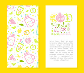 Wall Mural - Fresh Juice Card Template with Text, Flyer, Invitation, Packaging Design with Tropical Fruits Seamless Pattern Vector Illustration