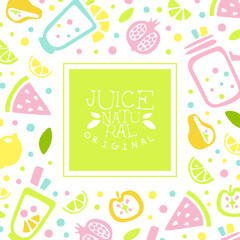 Poster - Juice Natural Banner Template Original Design, Poster, Card, Packaging Design with Tropical Fruits Seamless Pattern Vector Illustration