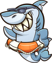 Cool Shark With Sunglasses Wearing A Lifesaver. Vector Clip Art Illustration With Simple Gradients. All In A Single Layer. 

