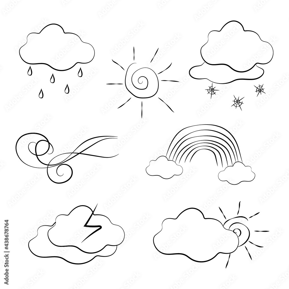 Weather Doodle Vector Set illustration with hand drawn line art style ...