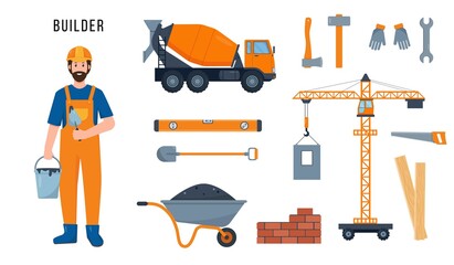 Wall Mural - Builder or construction worker and of work equipment